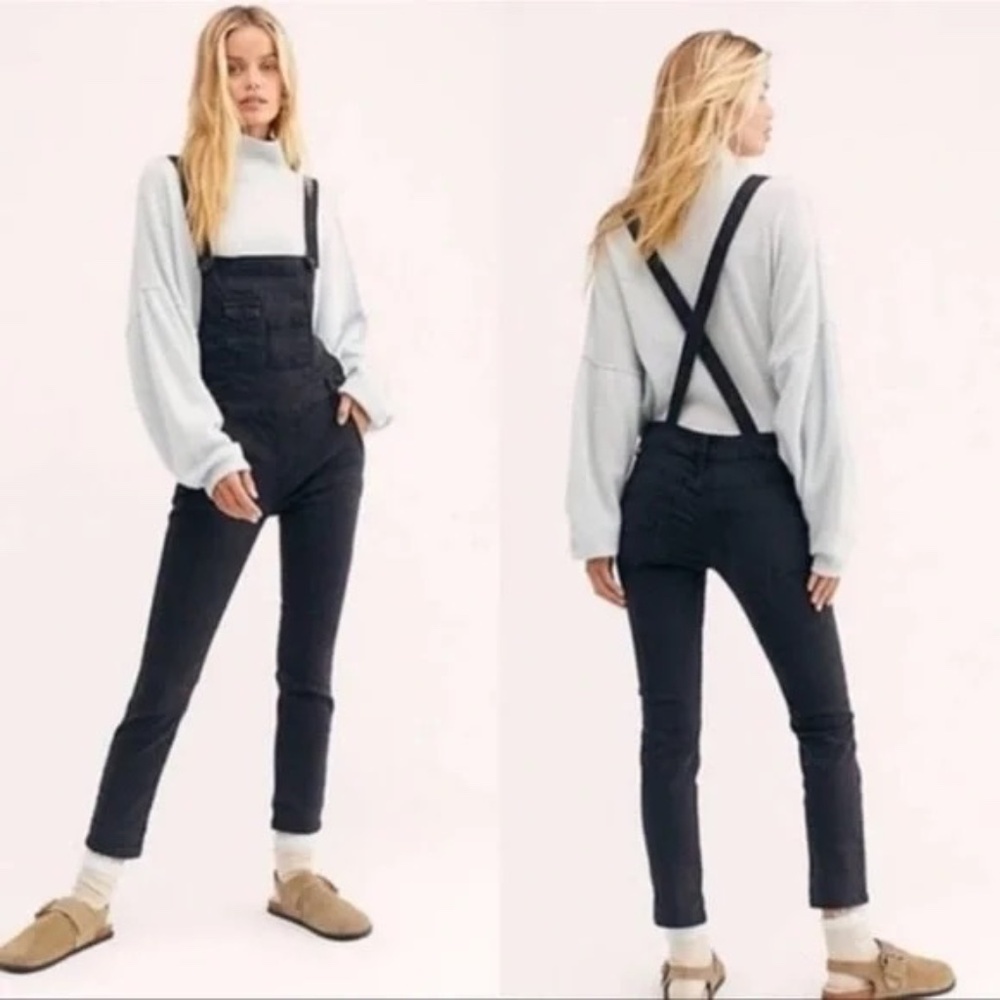 Free people black distressed skinny denim jean overalls dungarees Size 24
